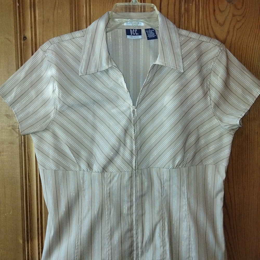 Beige Striped Short Sleeve Blouse